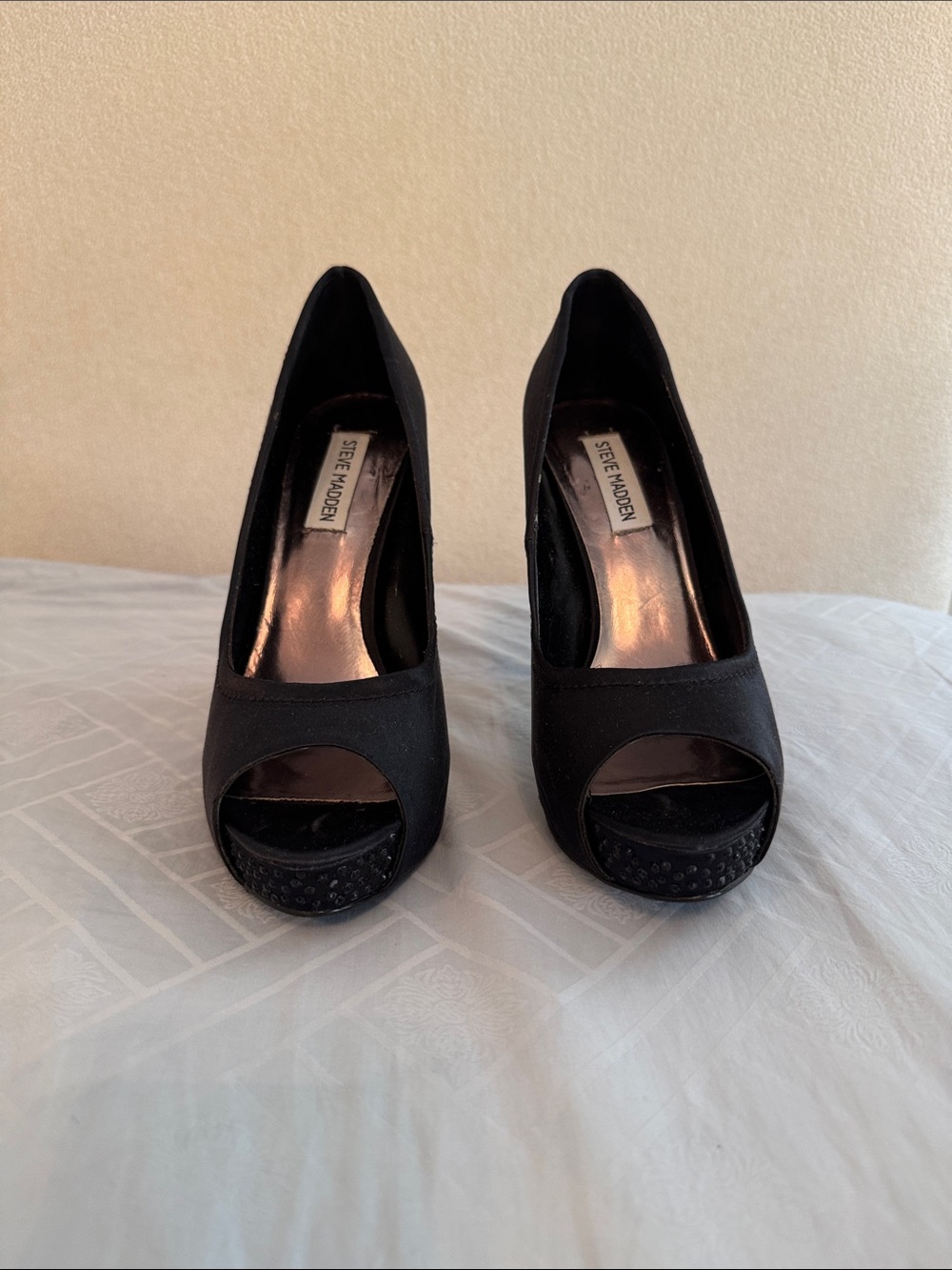 Steve Madden Black Satin Open-Toe Platform Pumps with rhinestone detail at toes